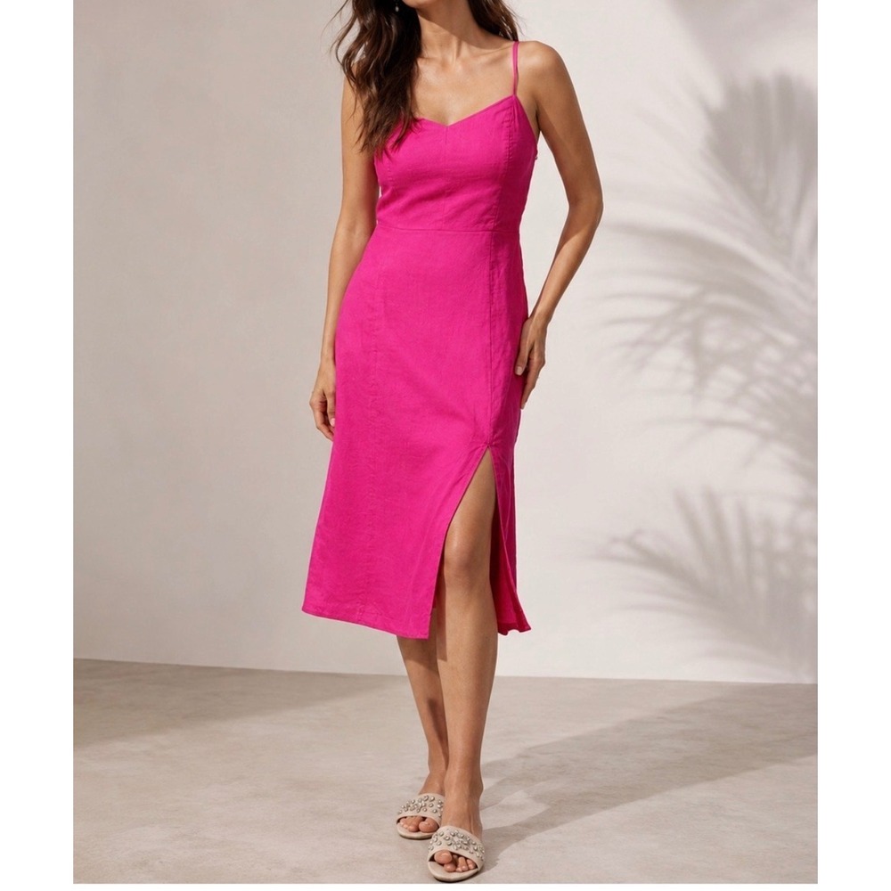 J.Crew Fuchsia Pink Linen Blend Midi Slit Dress Smocked Back Summer Wedding 8 kk
